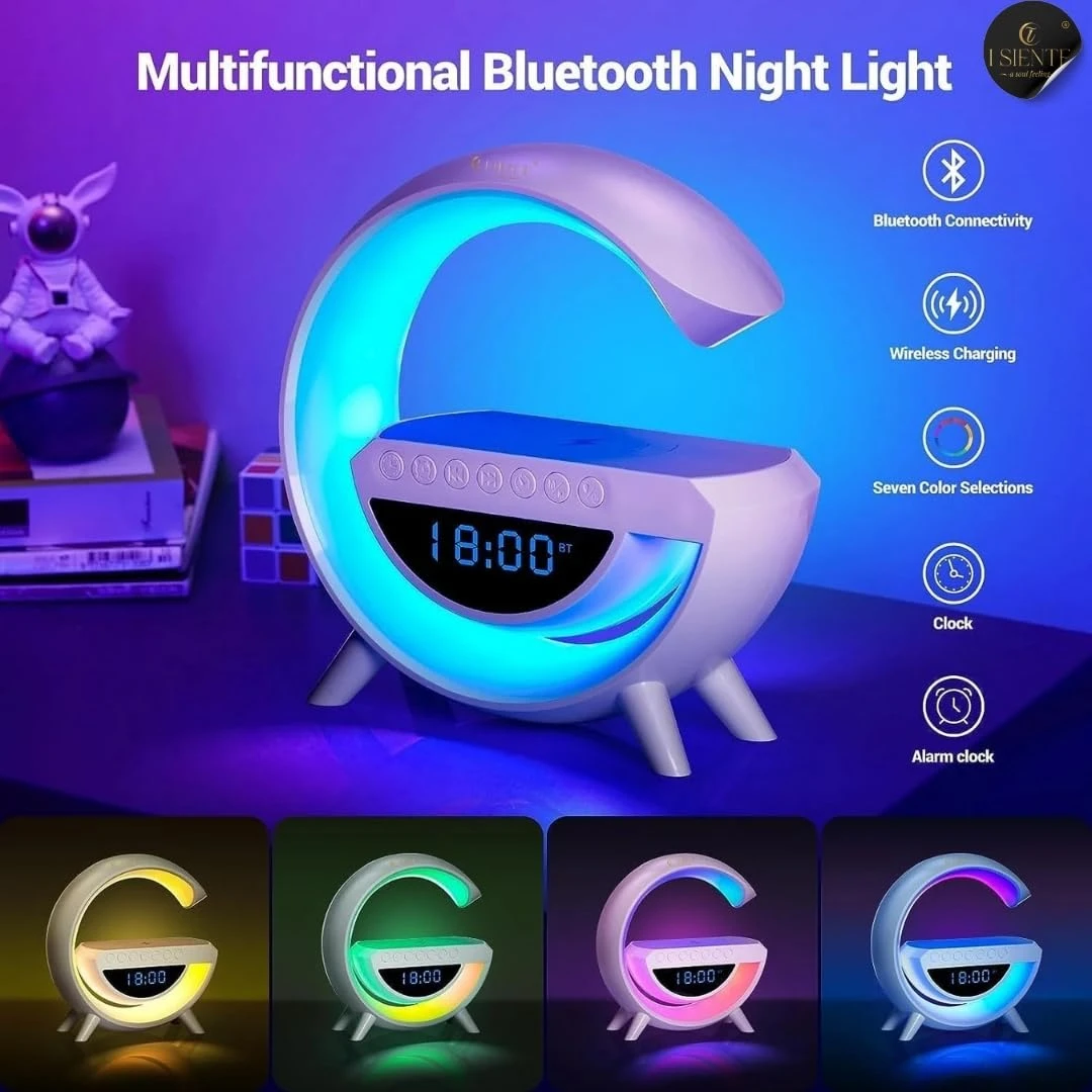 3-in-1 Night Light Bluetooth Speaker with 15W Wireless Mobile Charger, Rechargeable LED Desk Lamp, Atmosphere Lamp G-Shape Speaker, Bedside Lamp for Bedroom, Room Decor, Gift (Multicolor)