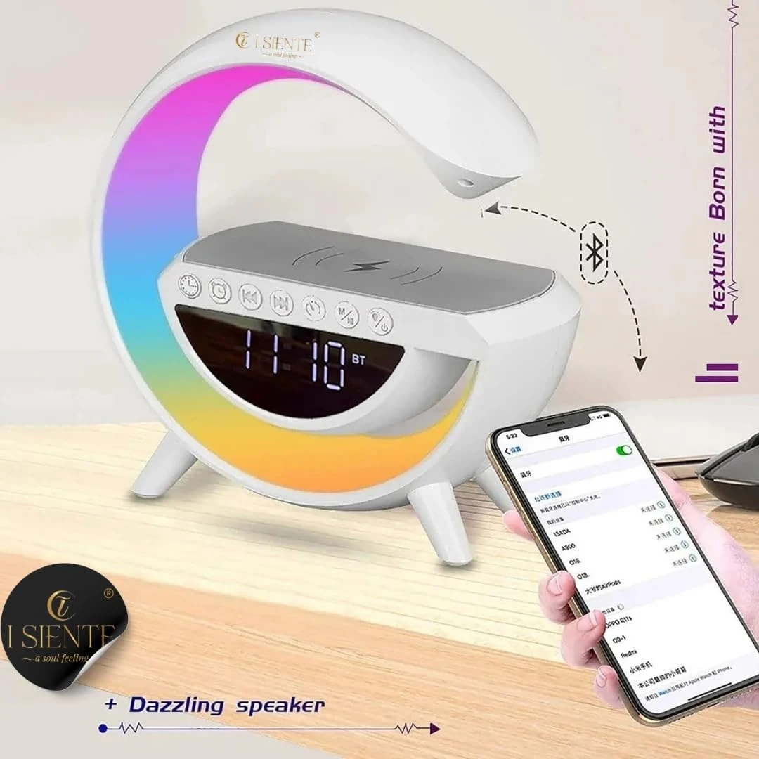 3-in-1 Night Light Bluetooth Speaker with 15W Wireless Mobile Charger, Rechargeable LED Desk Lamp, Atmosphere Lamp G-Shape Speaker, Bedside Lamp for Bedroom, Room Decor, Gift (Multicolor)
