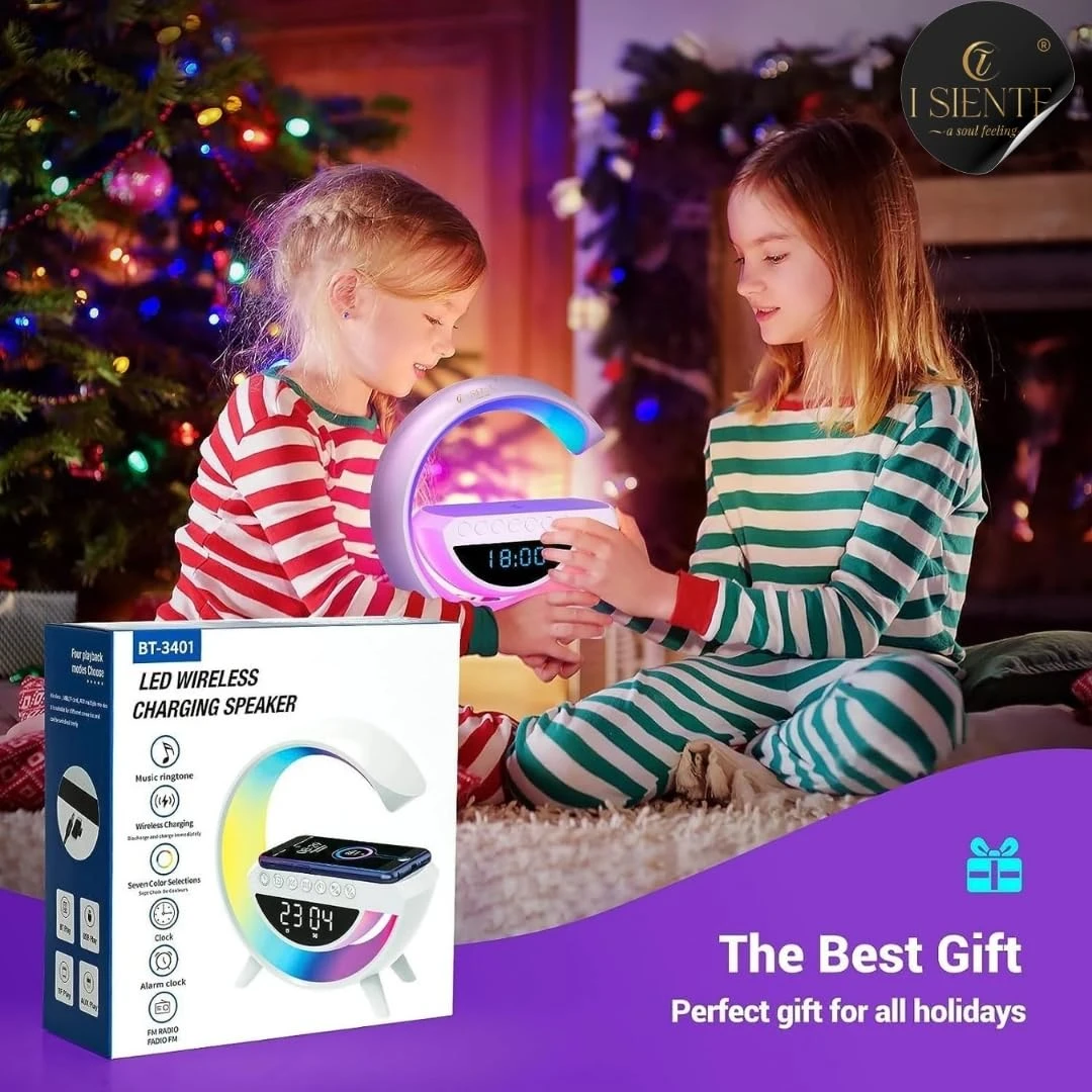 3-in-1 Night Light Bluetooth Speaker with 15W Wireless Mobile Charger, Rechargeable LED Desk Lamp, Atmosphere Lamp G-Shape Speaker, Bedside Lamp for Bedroom, Room Decor, Gift (Multicolor)