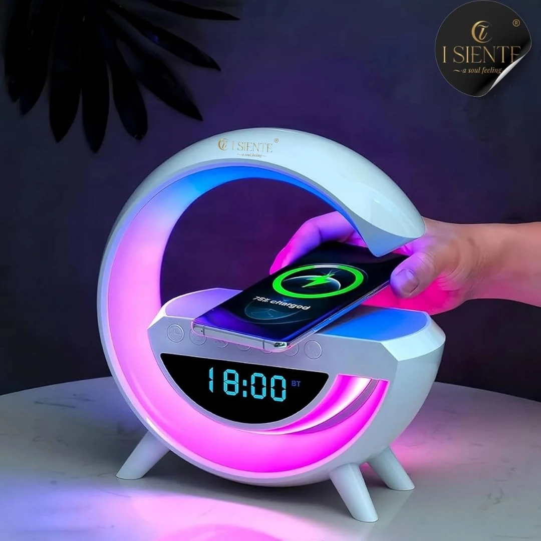 3-in-1 Night Light Bluetooth Speaker with 15W Wireless Mobile Charger, Rechargeable LED Desk Lamp, Atmosphere Lamp G-Shape Speaker, Bedside Lamp for Bedroom, Room Decor, Gift (Multicolor)