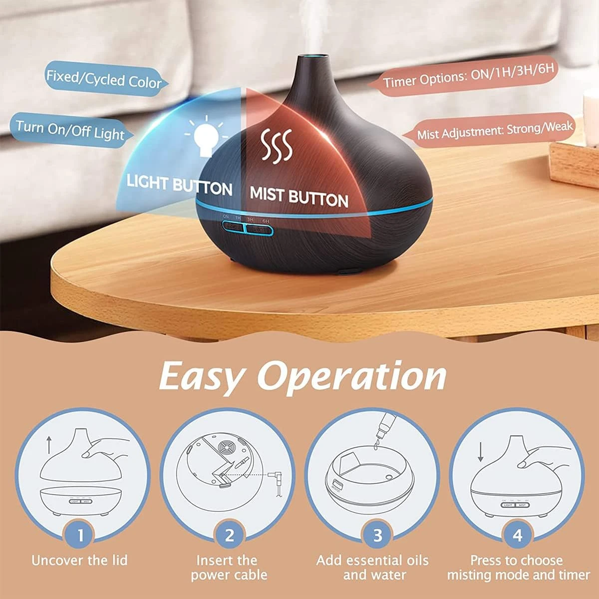 Aromatherapy Diffuser & Ultrasonic Humidifier for Home – 500ml Essential Oil Diffuser with Multi-Color LED & Remote | Quiet Operation, Auto Shut-Off, Wooden Dark Brown