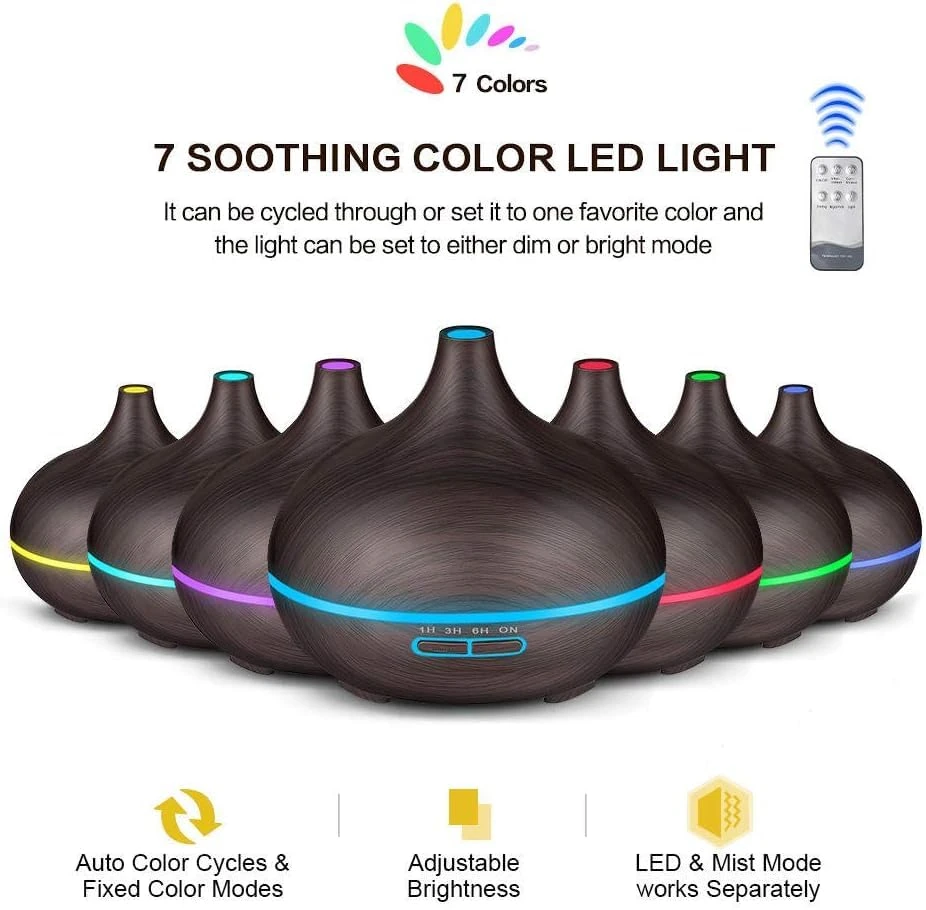 Aromatherapy Diffuser & Ultrasonic Humidifier for Home – 500ml Essential Oil Diffuser with Multi-Color LED & Remote | Quiet Operation, Auto Shut-Off, Wooden Dark Brown