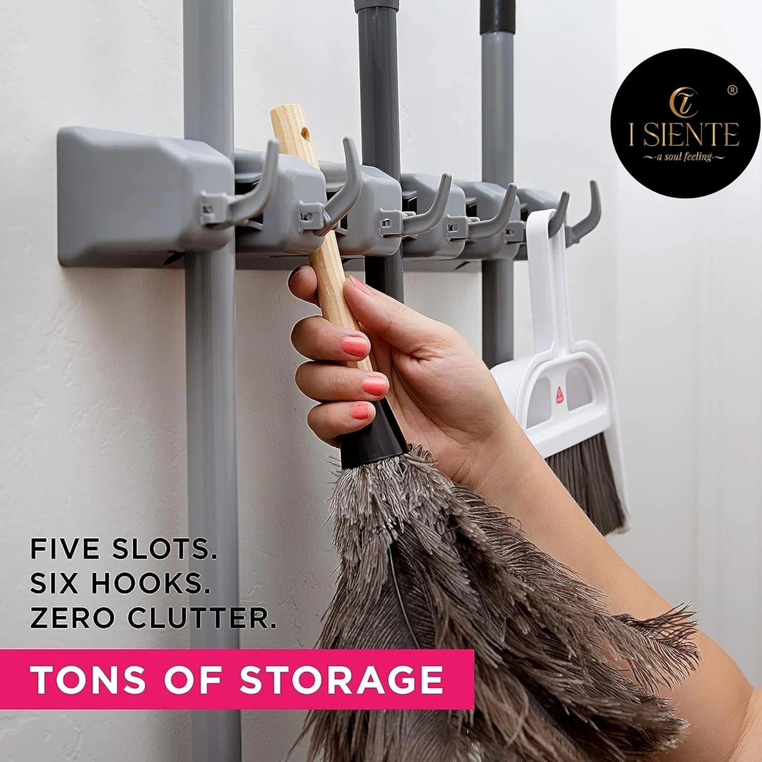 Wall Mounted Mop and Broom Holder Organizer, 5 Slots for Home, Bathroom, Garage (5 layer)