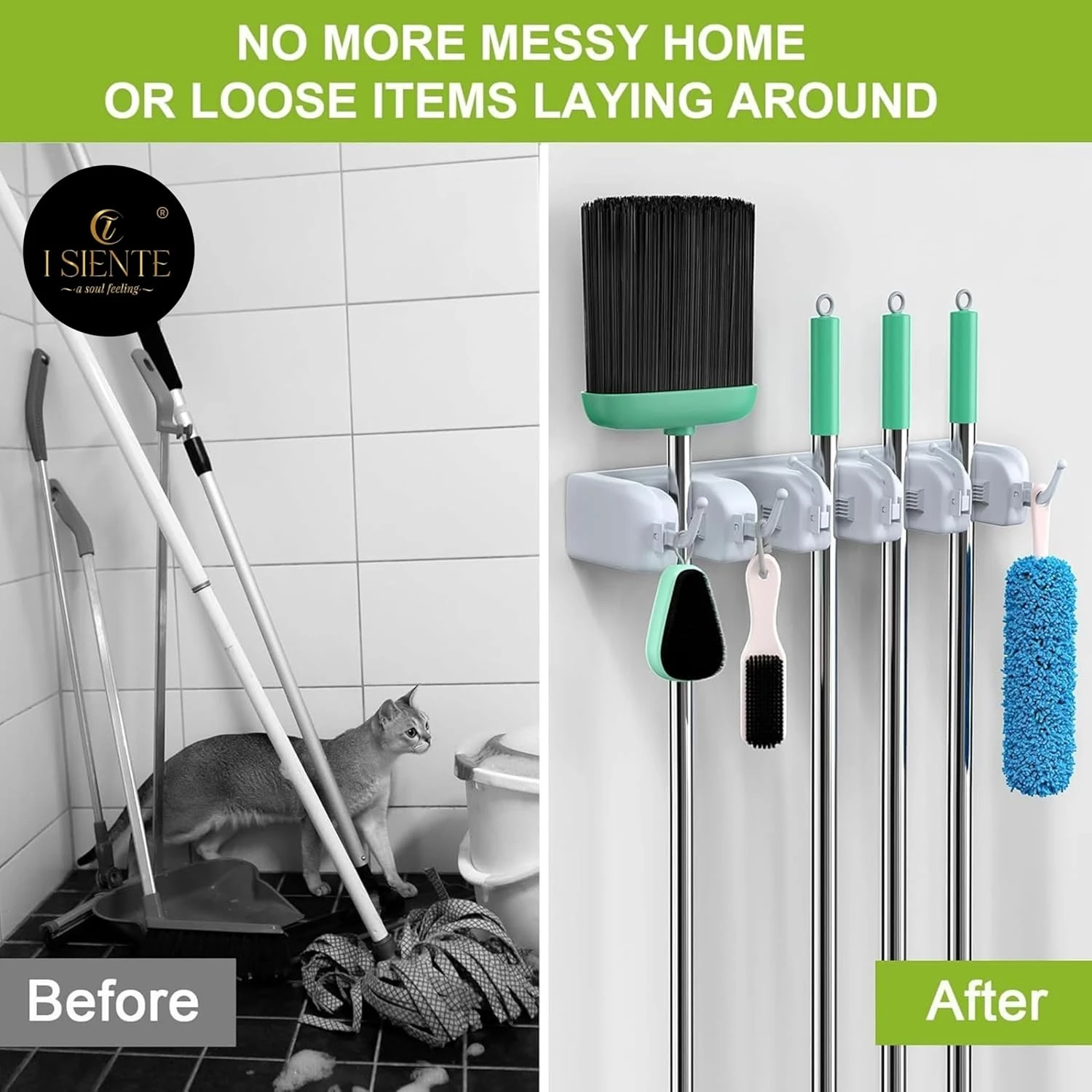 Wall Mounted Mop and Broom Holder Organizer, 5 Slots for Home, Bathroom, Garage (5 layer)