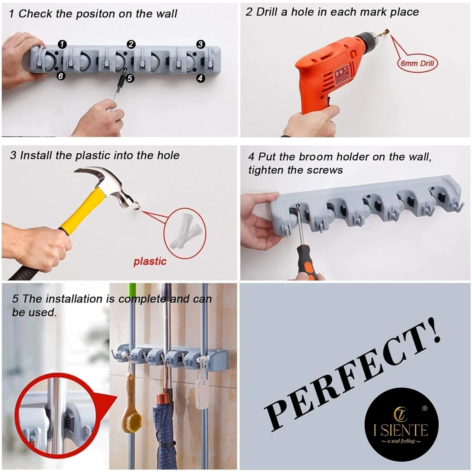 Wall Mounted Mop and Broom Holder Organizer, 5 Slots for Home, Bathroom, Garage (5 layer)