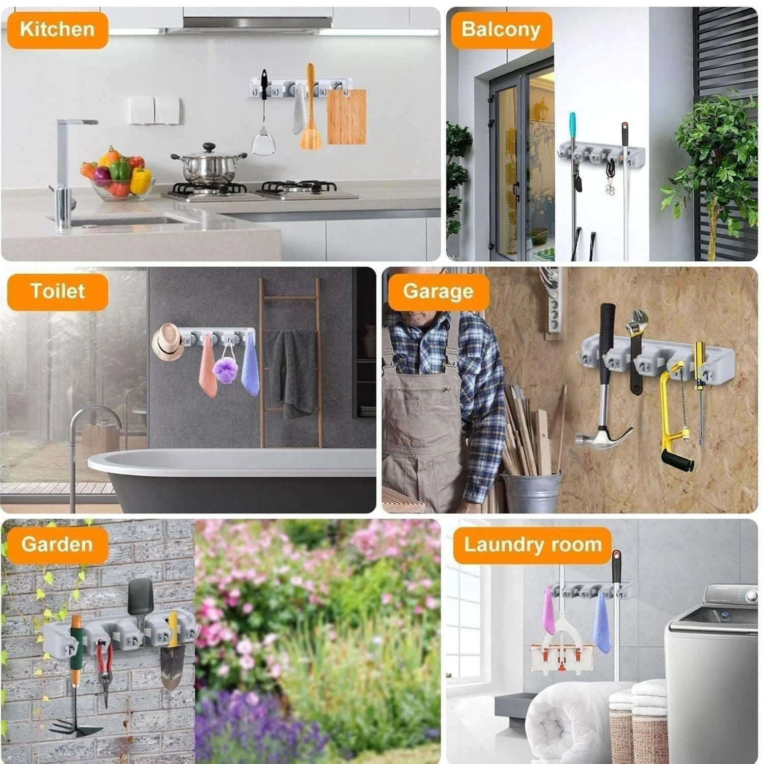 Wall Mounted Mop and Broom Holder Organizer, 5 Slots for Home, Bathroom, Garage (5 layer)