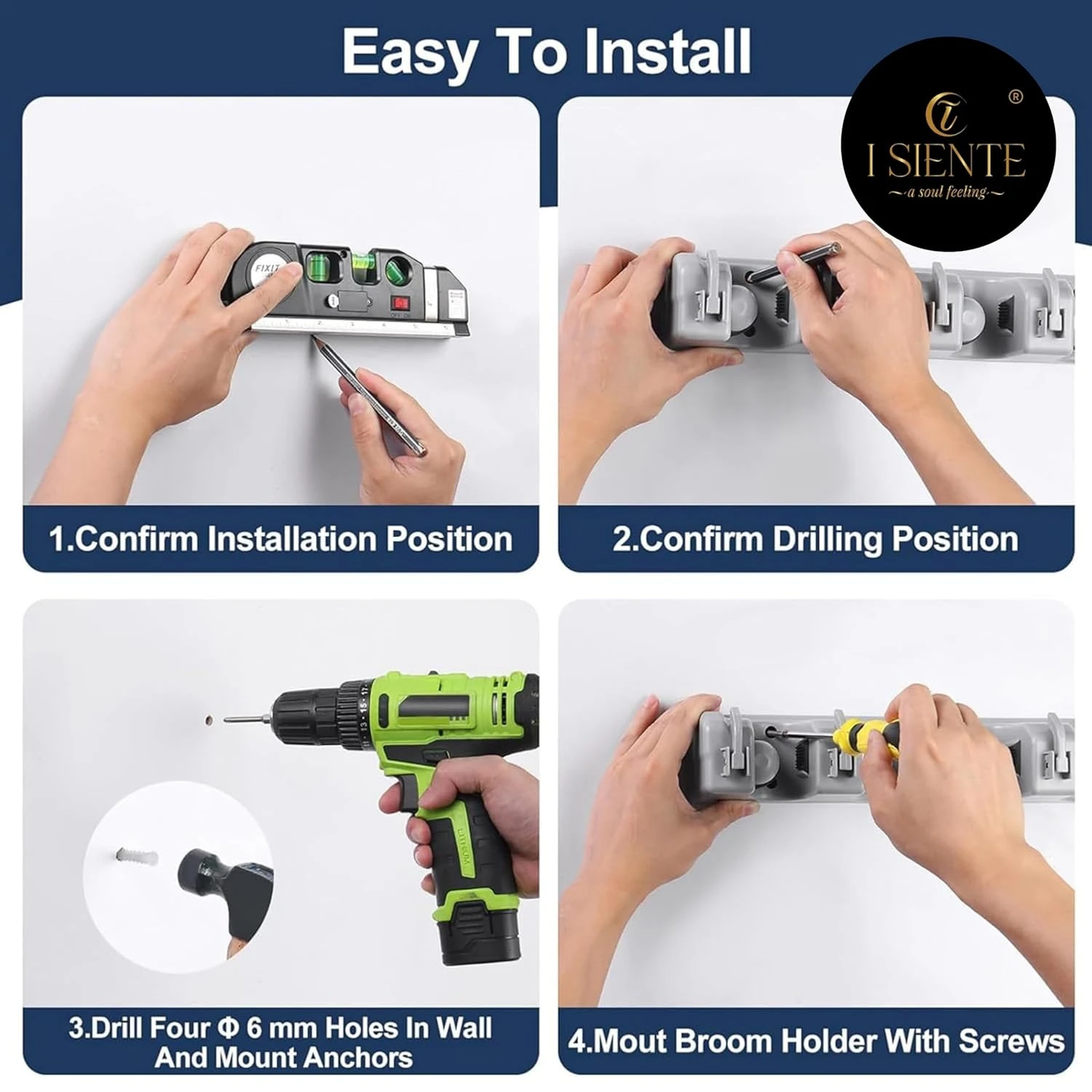 Wall Mounted Mop and Broom Holder Organizer, 4 Slots for Home, Bathroom, Garage (4 Layers)