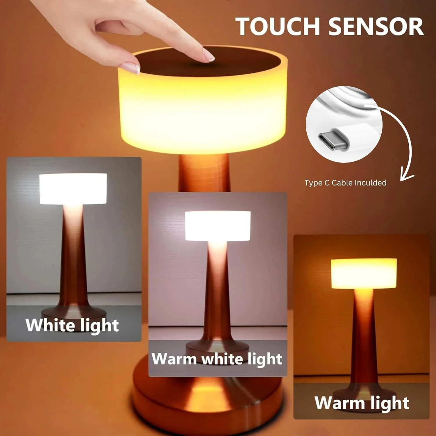 Gold Table Lamp with 2000 mAh Battery | 3-Color Touch Control | Adjustable Brightness | Premium Design for Bedroom & Living Room - 24x10x10 cm