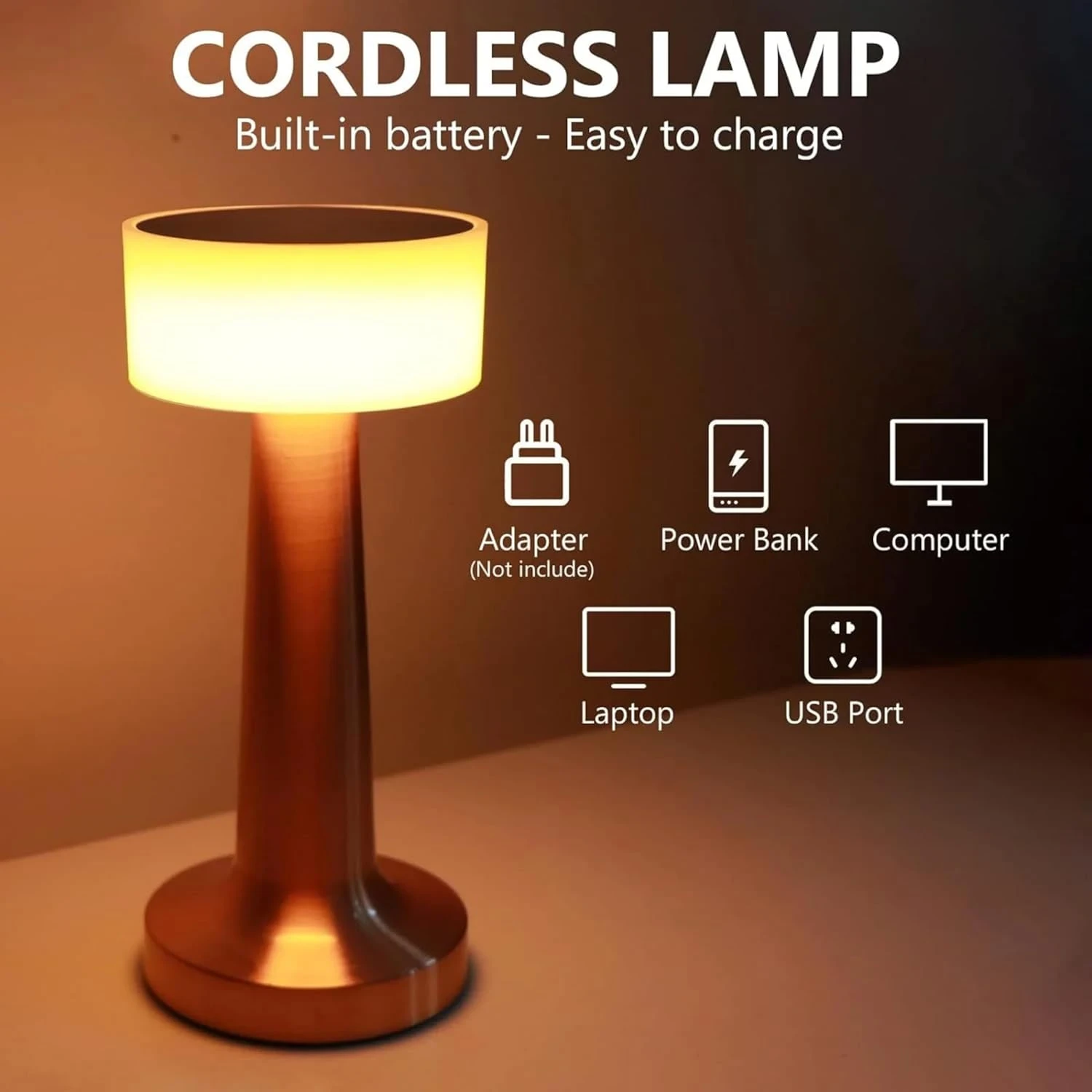 Gold Table Lamp with 2000 mAh Battery | 3-Color Touch Control | Adjustable Brightness | Premium Design for Bedroom & Living Room - 24x10x10 cm