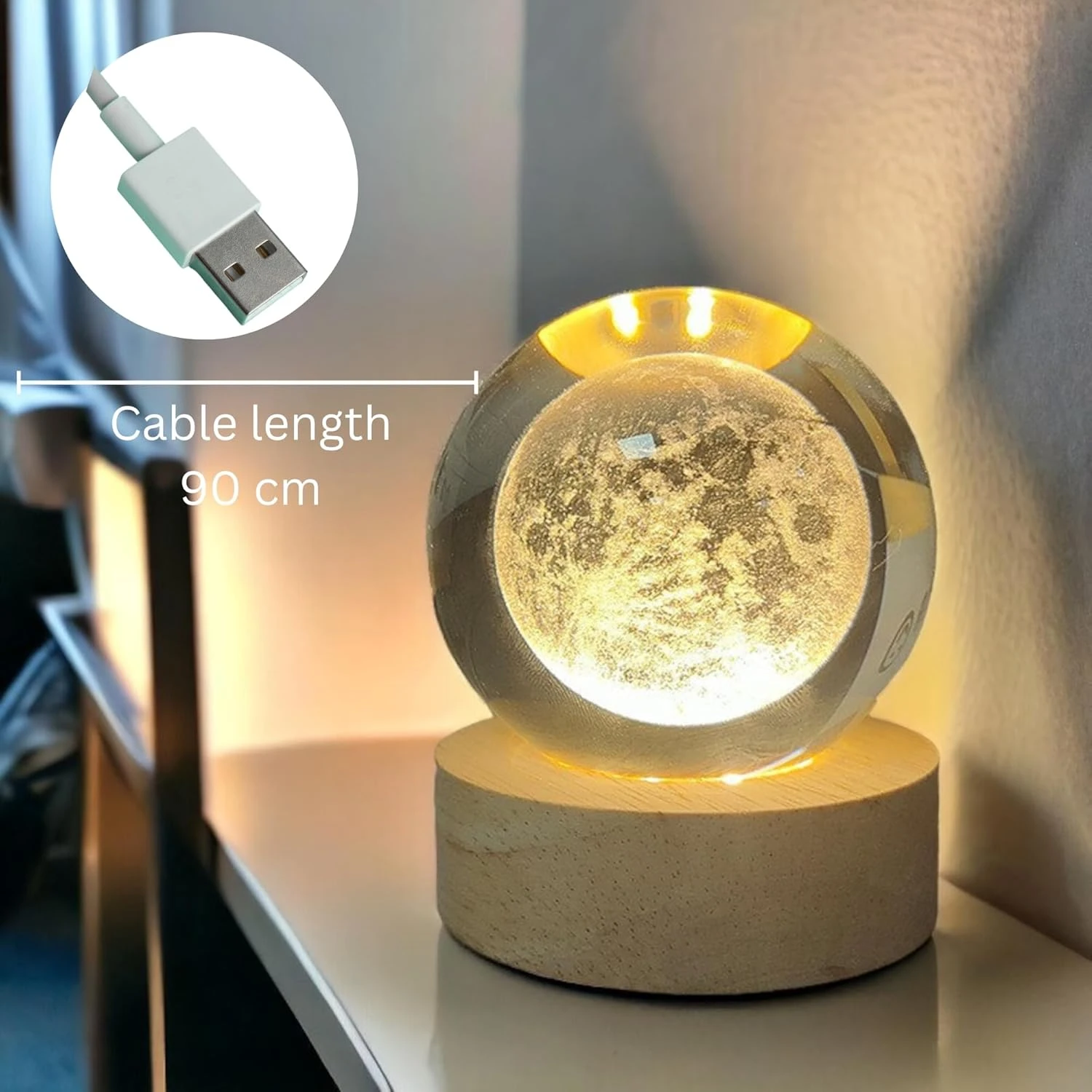3D Crystal Cube Moon Lamp - Engraved Night Light with Built-in USB Cable, Wooden LED Base, Warm White - 7x7x10 cm