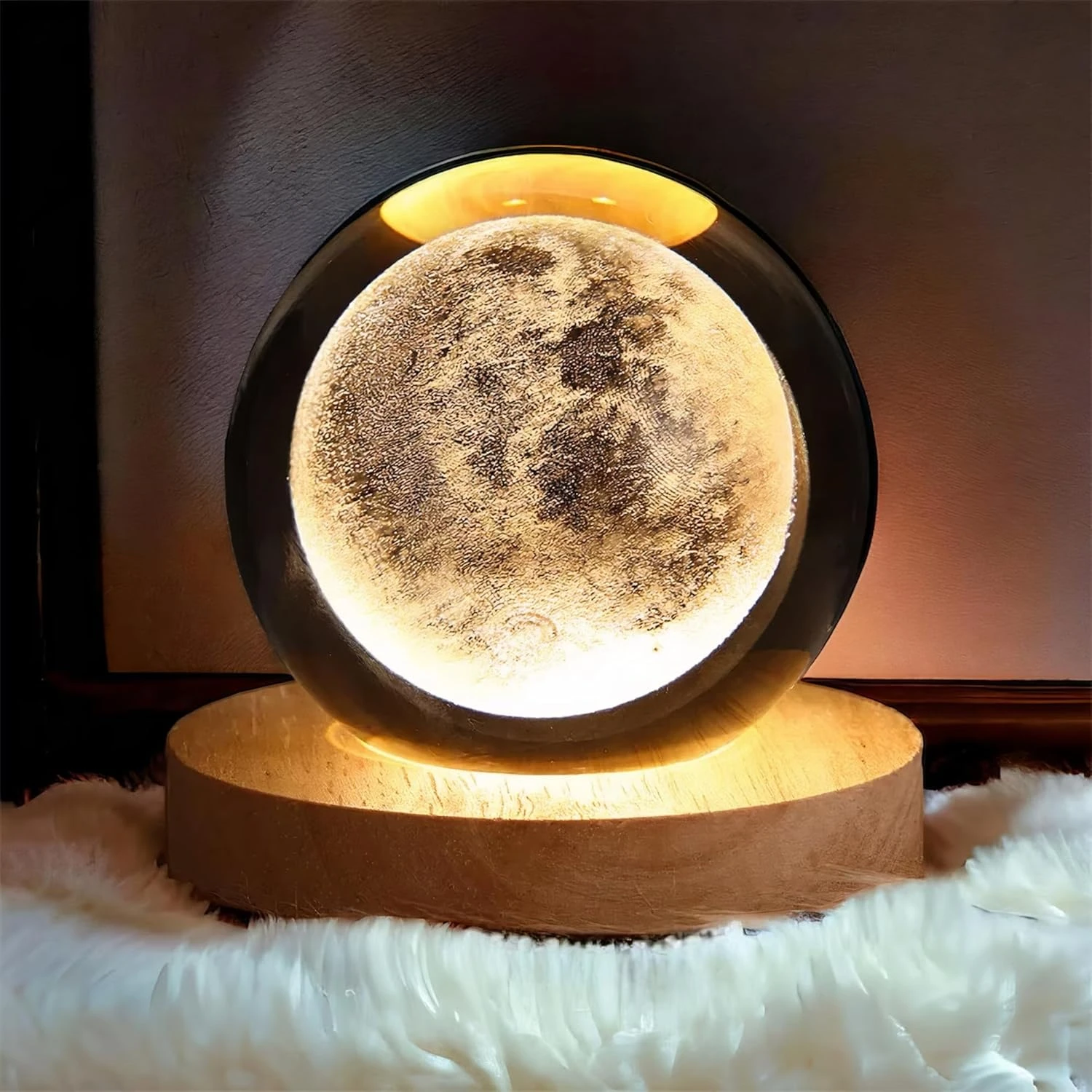 3D Crystal Cube Moon Lamp - Engraved Night Light with Built-in USB Cable, Wooden LED Base, Warm White - 7x7x10 cm