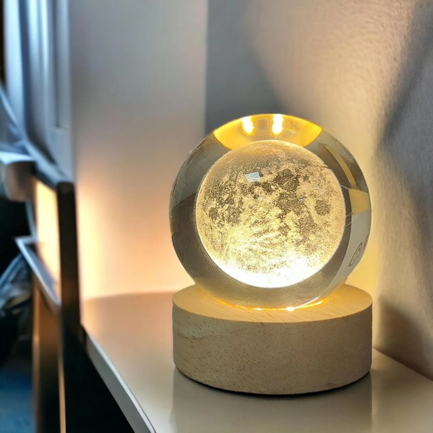 3D Crystal Cube Moon Lamp - Engraved Night Light with Built-in USB Cable, Wooden LED Base, Warm White - 7x7x10 cm