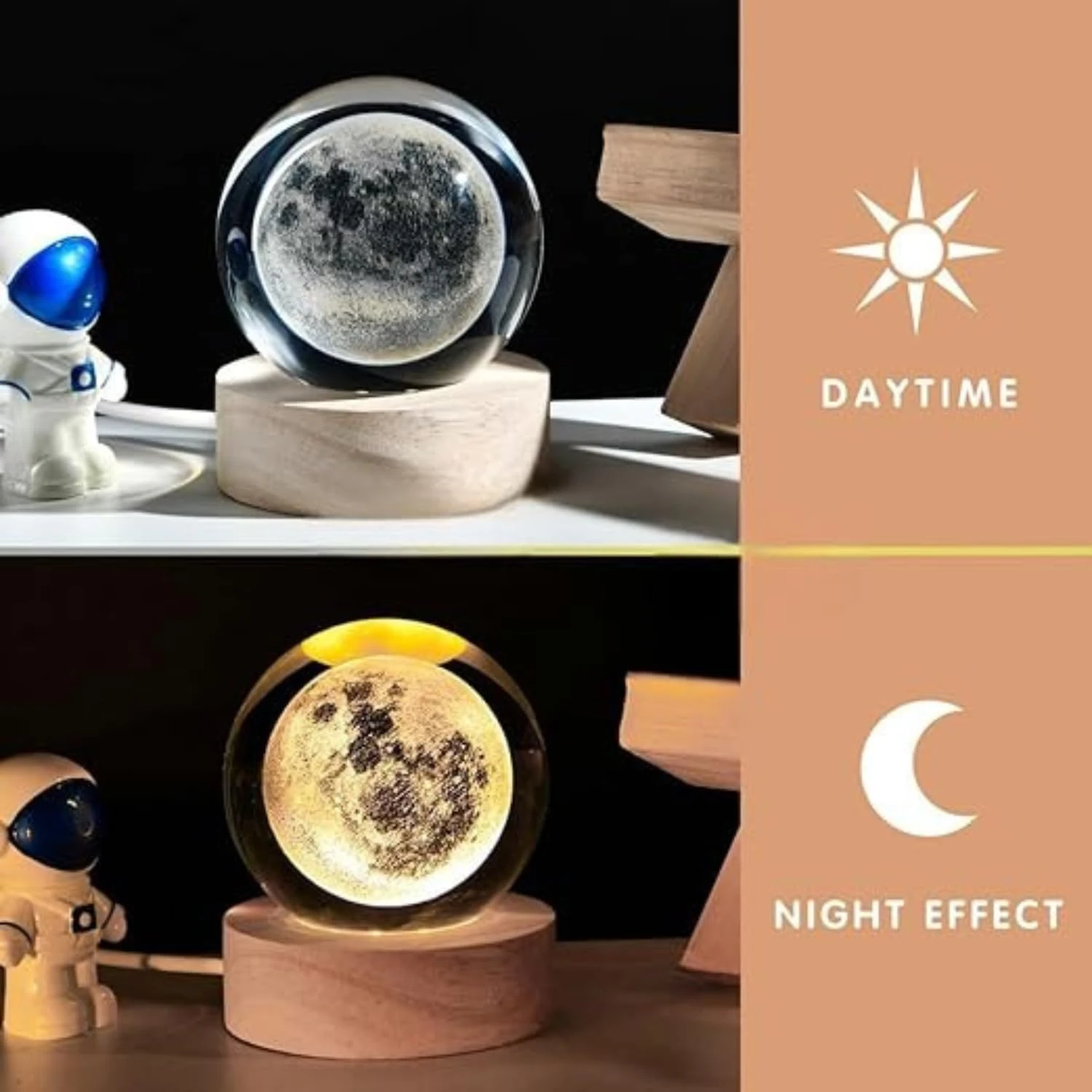 3D Crystal Cube Moon Lamp - Engraved Night Light with Built-in USB Cable, Wooden LED Base, Warm White - 7x7x10 cm