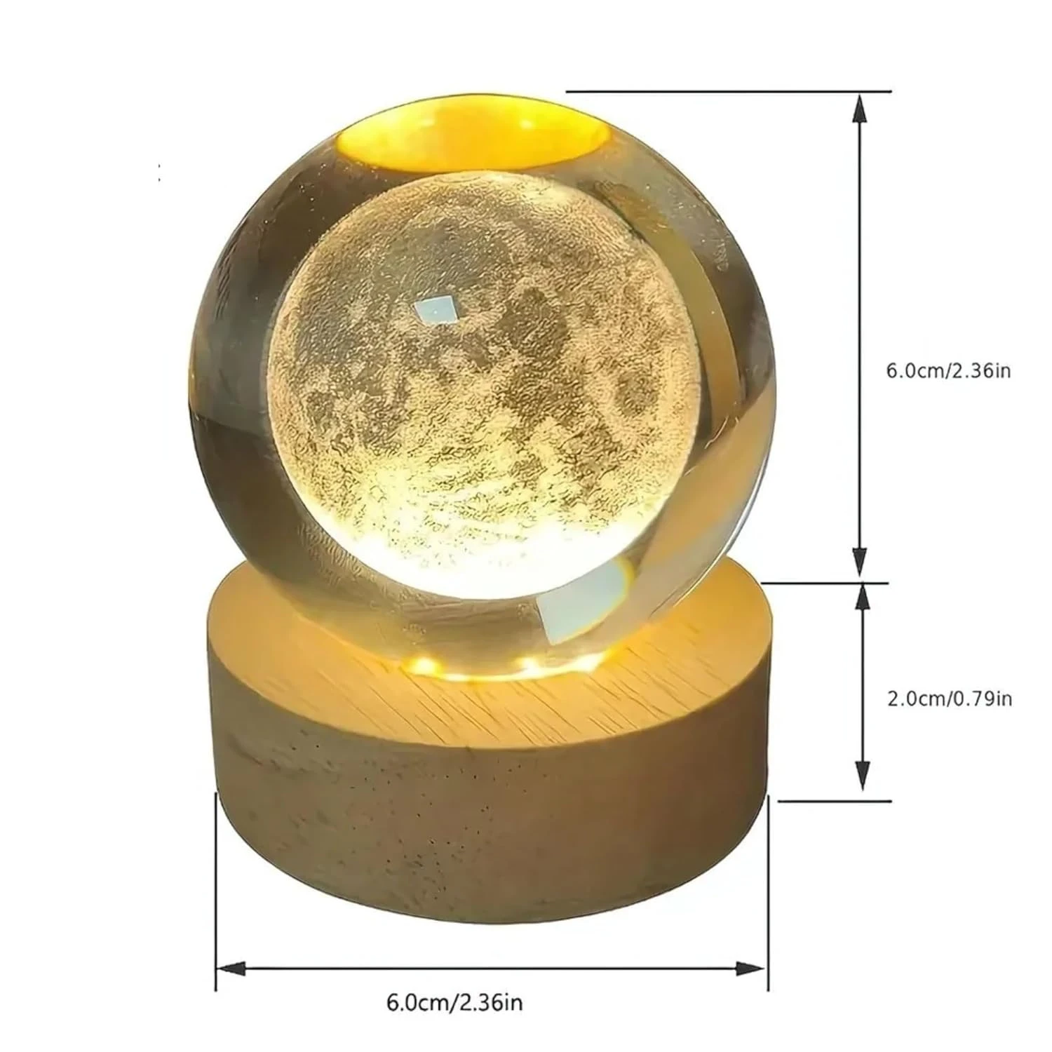 3D Crystal Cube Moon Lamp - Engraved Night Light with Built-in USB Cable, Wooden LED Base, Warm White - 7x7x10 cm