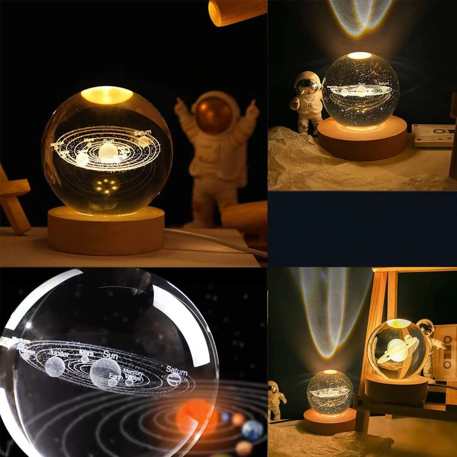 3D Crystal Cube Solar System Lamp - Engraved Night Light with Built-in USB Cable, Wooden LED Base, Warm White - 7x7x10 cm