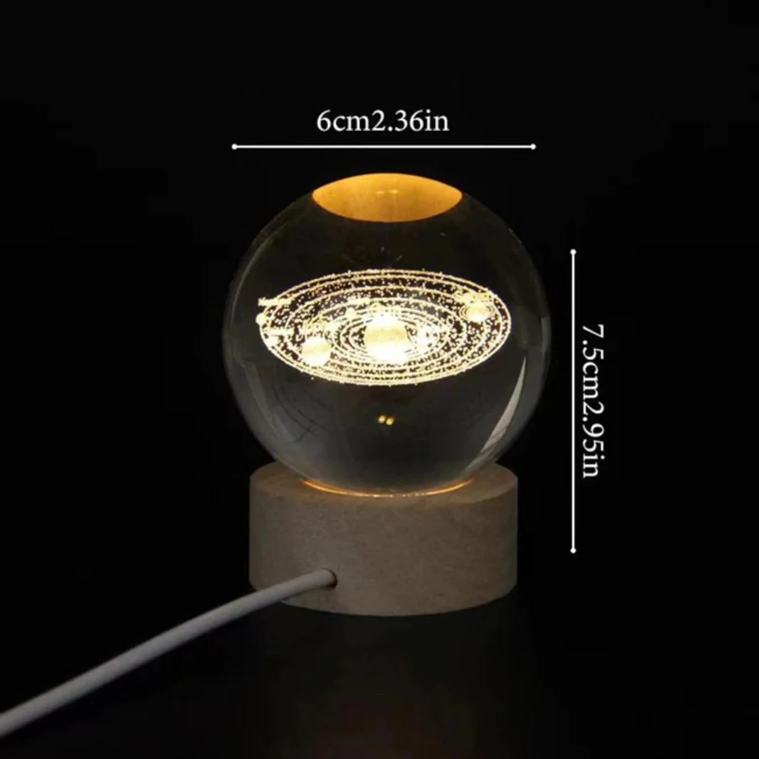 3D Crystal Cube Solar System Lamp - Engraved Night Light with Built-in USB Cable, Wooden LED Base, Warm White - 7x7x10 cm