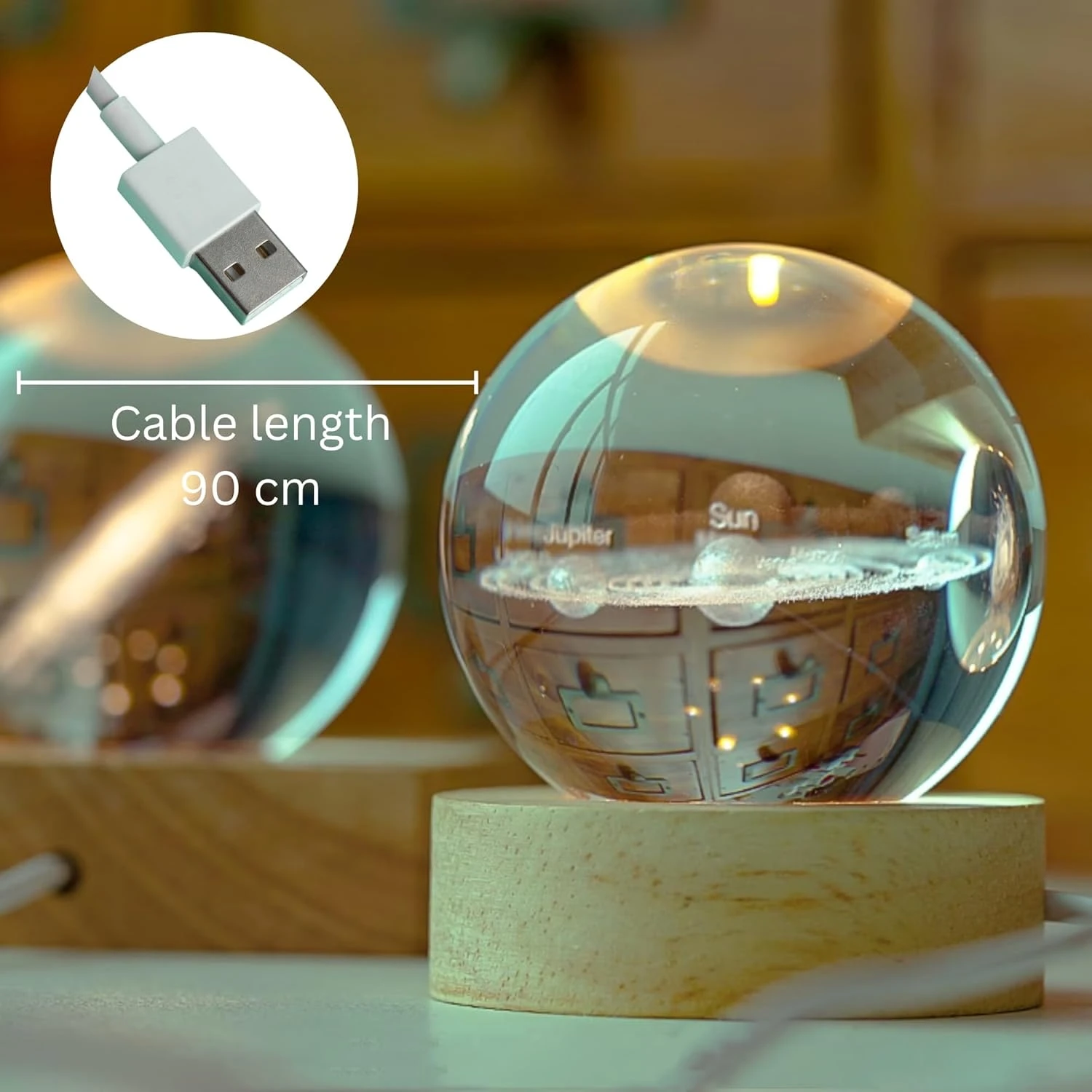 3D Crystal Cube Solar System Lamp - Engraved Night Light with Built-in USB Cable, Wooden LED Base, Warm White - 7x7x10 cm