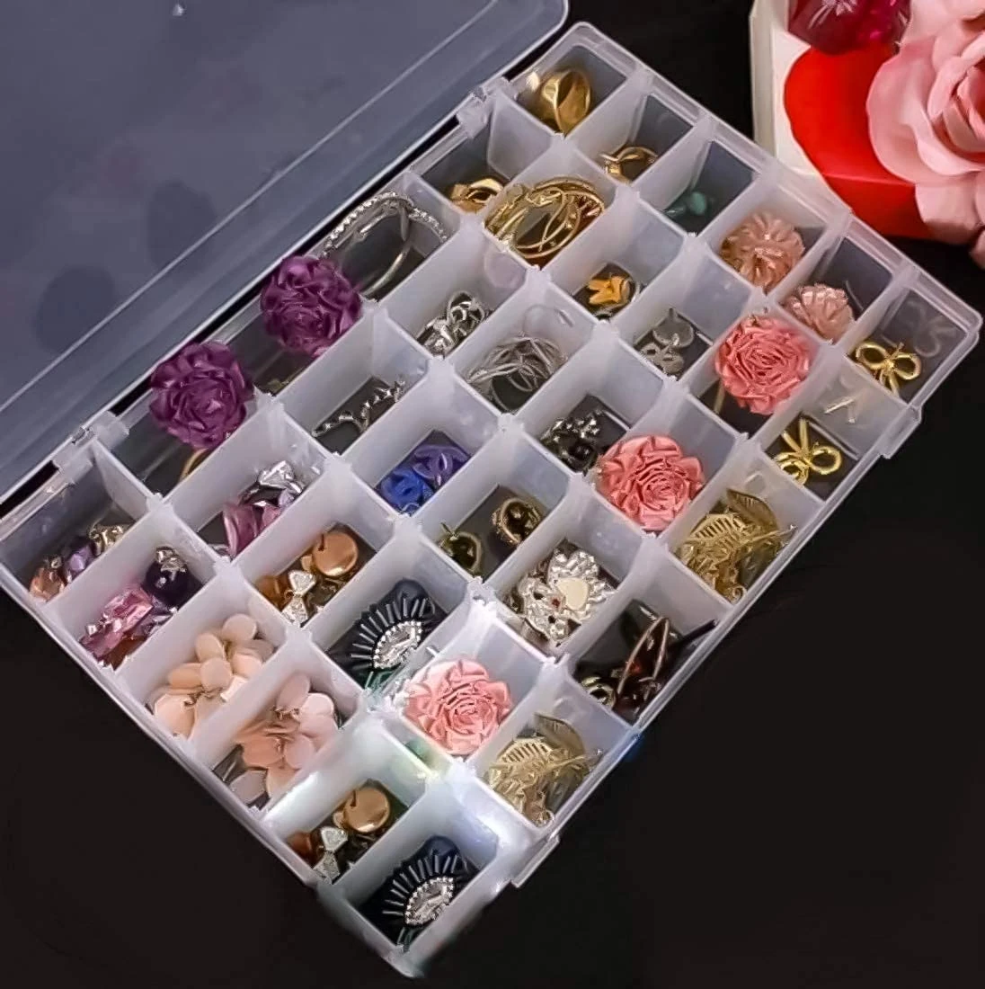 Transparent Jewelry Storage Box for Earring Hooks – 36 Grids with Adjustable Dividers – Rectangular Organizer for Beads, Earrings, and Small Jewelry – Size 27.6 x 17.8 x 4.5 cm