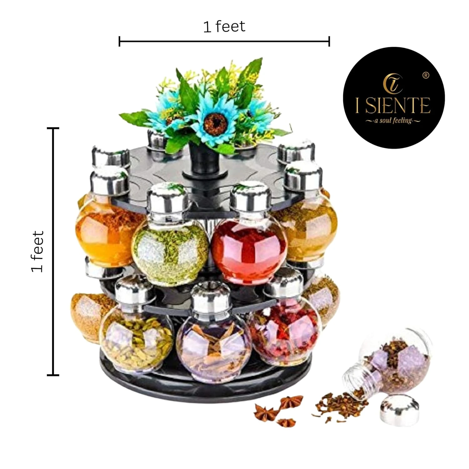 Multipurpose Revolving Plastic Spice Rack Set - 16 Transparent Jars with 360° Rotation for Easy Identification - Round Designer Condiment Set, 300ml Capacity