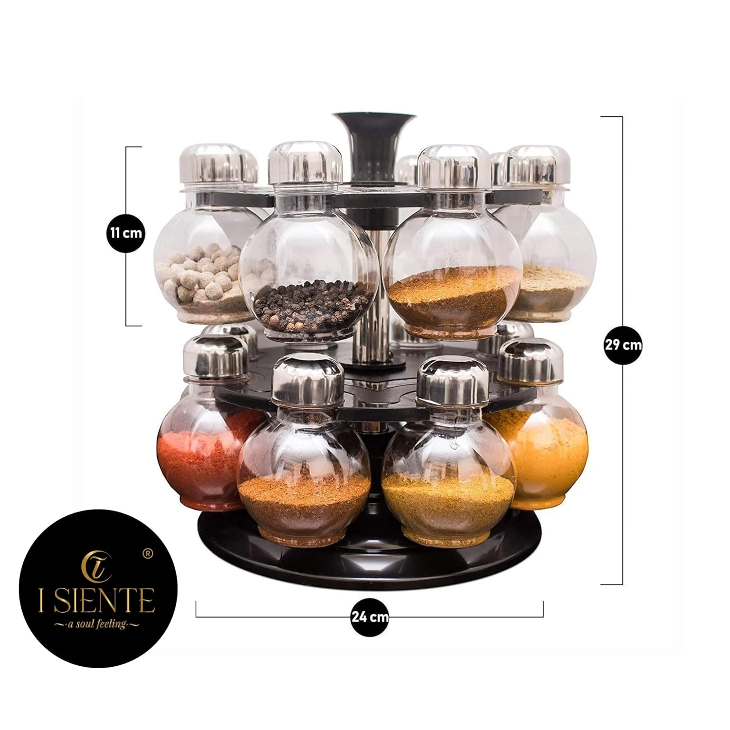 Multipurpose Revolving Plastic Spice Rack Set - 16 Transparent Jars with 360° Rotation for Easy Identification - Round Designer Condiment Set, 300ml Capacity