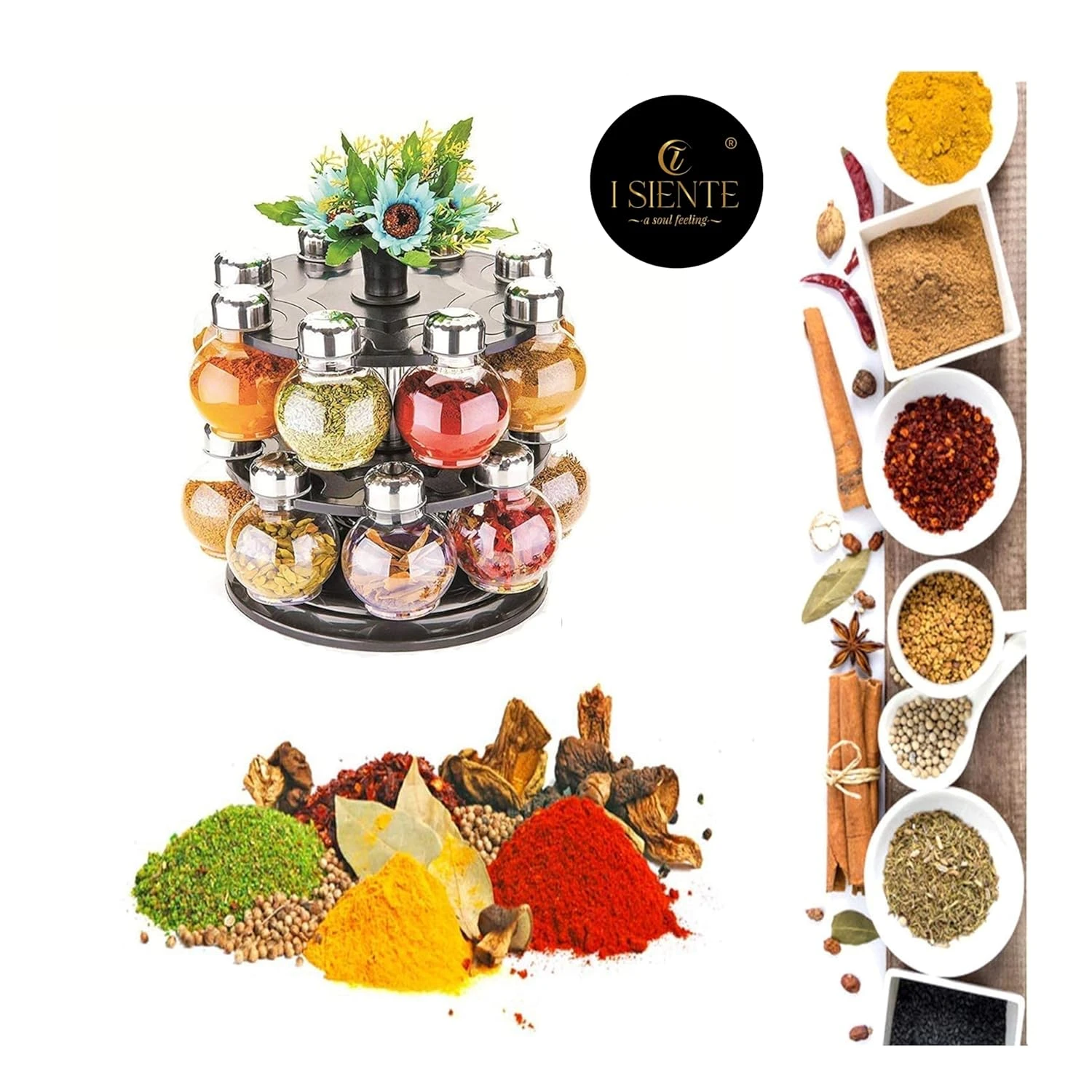 Multipurpose Revolving Plastic Spice Rack Set - 16 Transparent Jars with 360° Rotation for Easy Identification - Round Designer Condiment Set, 300ml Capacity