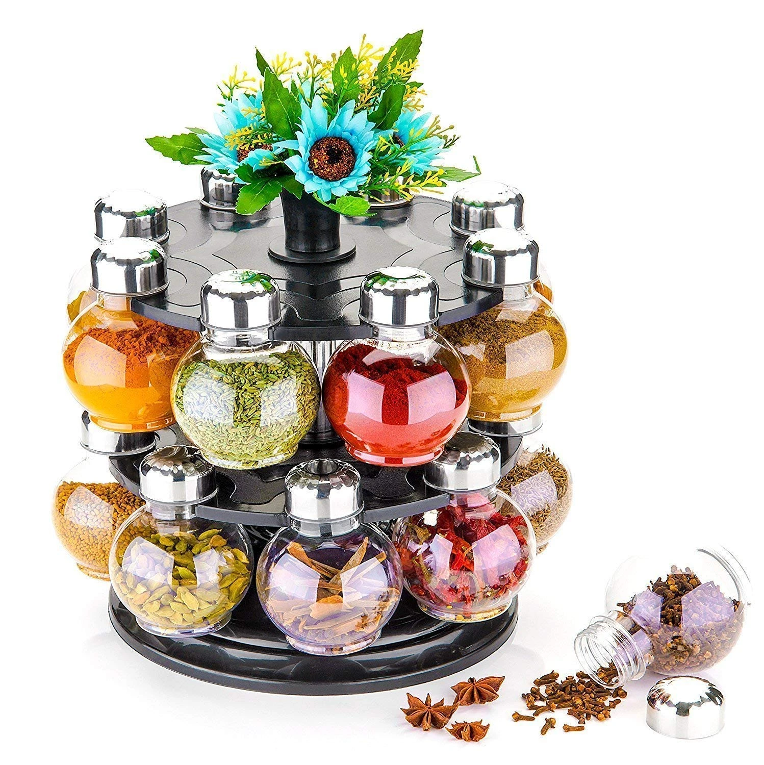 Multipurpose Revolving Plastic Spice Rack Set - 16 Transparent Jars with 360° Rotation for Easy Identification - Round Designer Condiment Set, 300ml Capacity