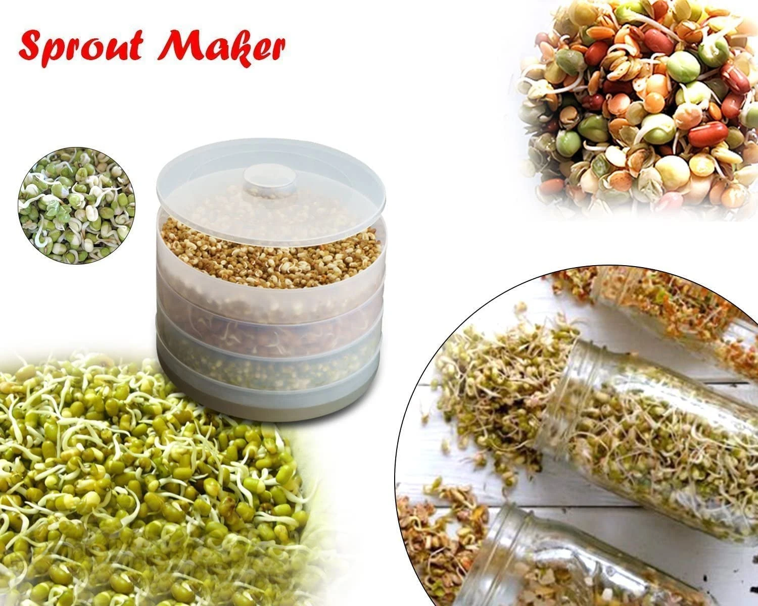 Sprout Maker with 4 Compartments, 4-Layer Plastic Sprouting Jar for Grains, Seeds, Dal, Channa, and Chole (500ml)