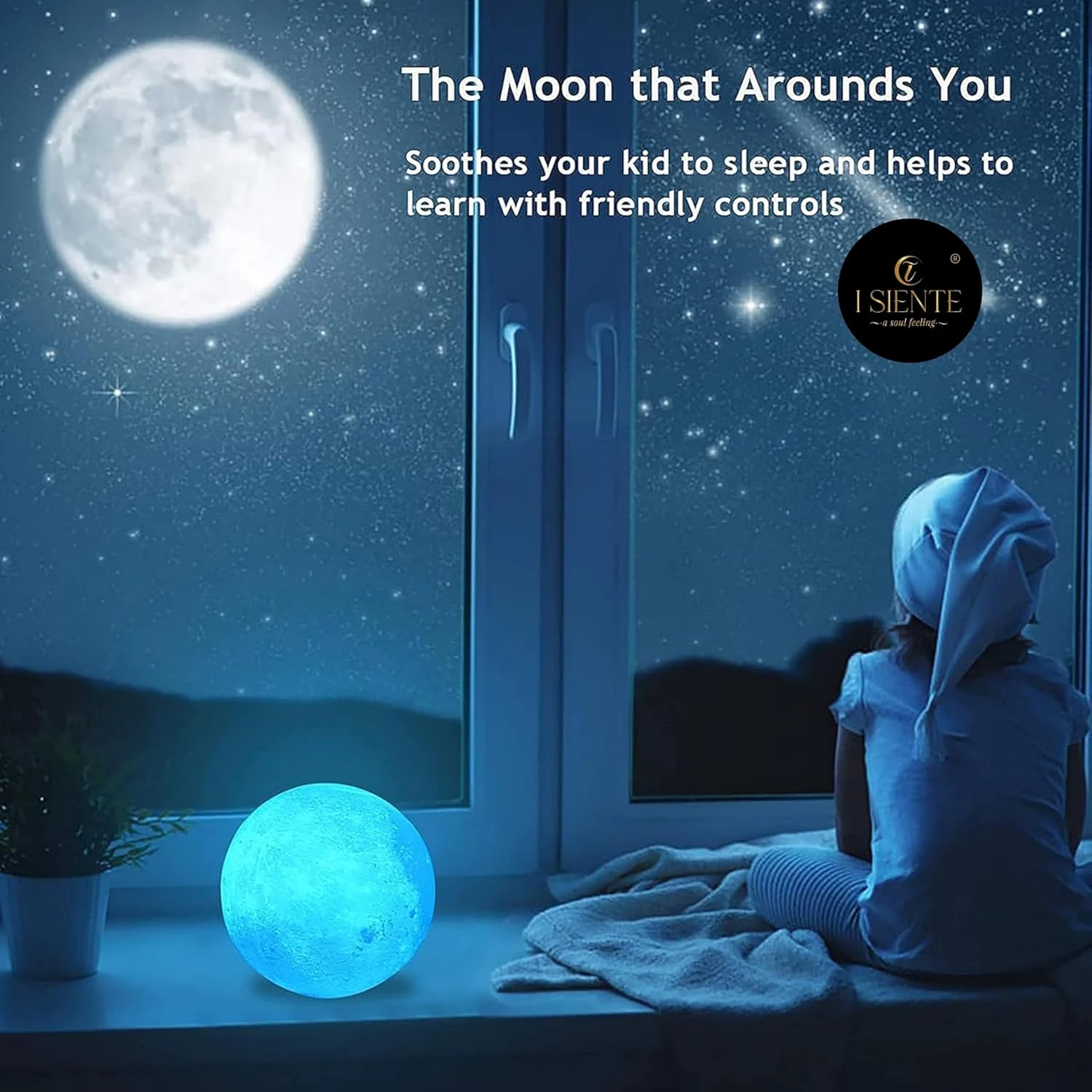 3D Blue Moon Lamp with Wooden Stand – Bedroom Light for Home & Indoor Décor – 15 x 12 cm Moonlight Lamp with Soft Glow and Durable Plastic Design