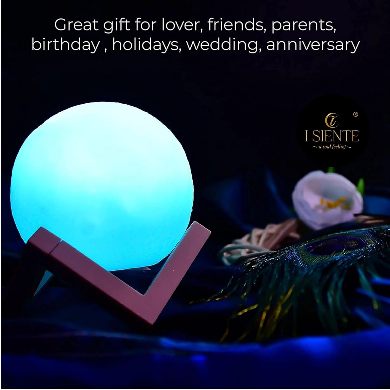 3D Blue Moon Lamp with Wooden Stand – Bedroom Light for Home & Indoor Décor – 15 x 12 cm Moonlight Lamp with Soft Glow and Durable Plastic Design