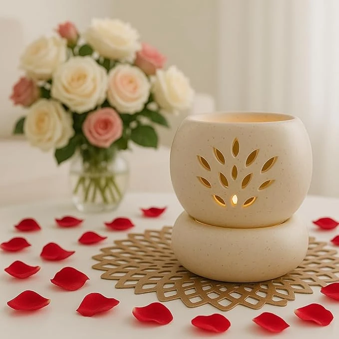 Handcrafted Ceramic Electric Aroma Diffuser for Home | Round-Shaped Aroma Oil Burner with 2 Free Aroma Oils (10ml Each) | Fragrance & Decor for Bedroom and Living Room
