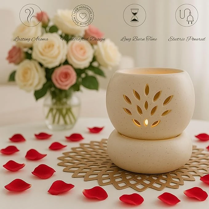 Handcrafted Ceramic Electric Aroma Diffuser for Home | Round-Shaped Aroma Oil Burner with 2 Free Aroma Oils (10ml Each) | Fragrance & Decor for Bedroom and Living Room